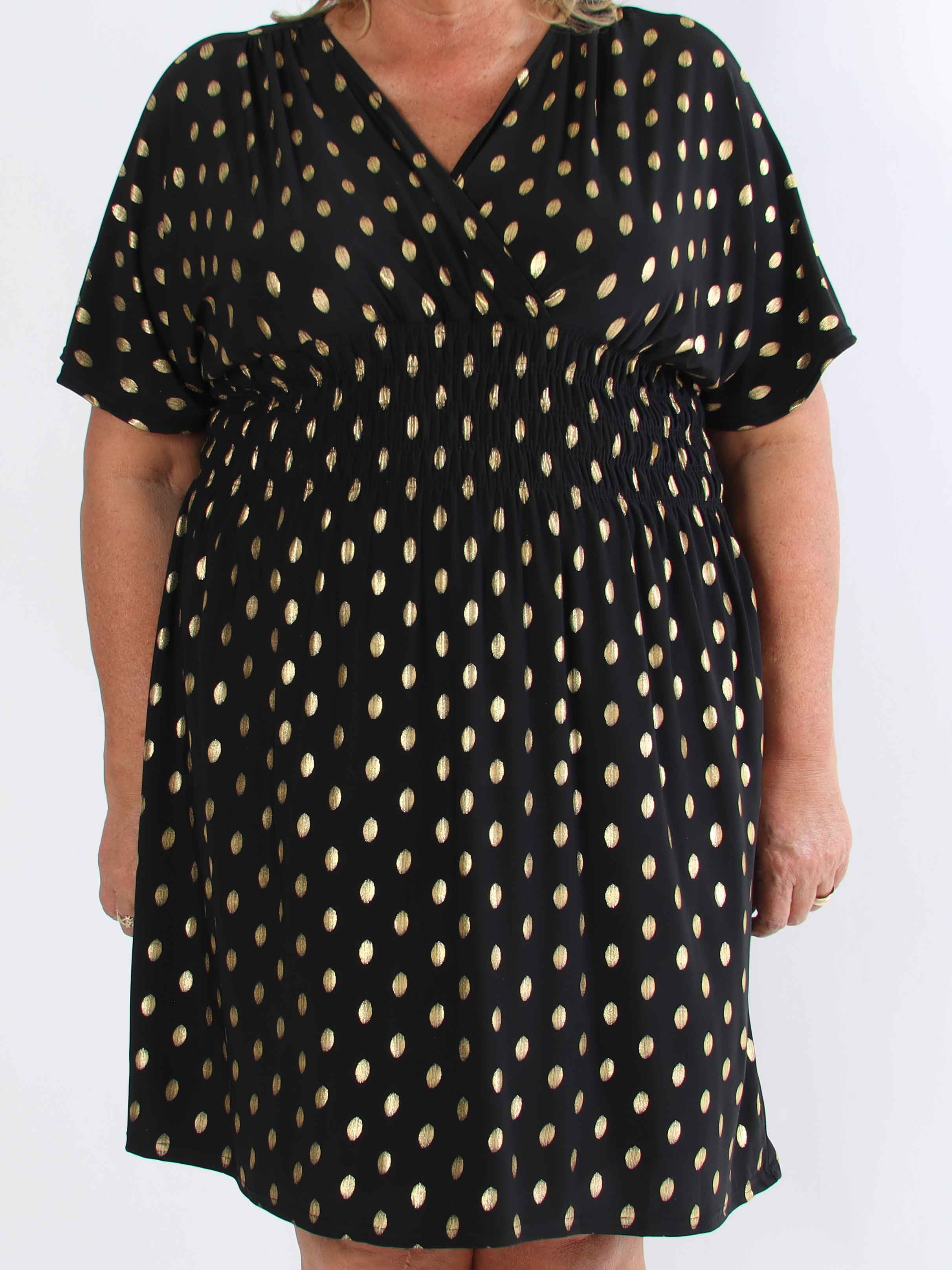 Pams Dot Short - Plus size elastisk kjole med guld prikker
